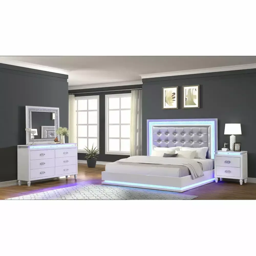 DeeHome Passion Queen 4 Pc LED Bedroom Set in Milky White Wood Finish