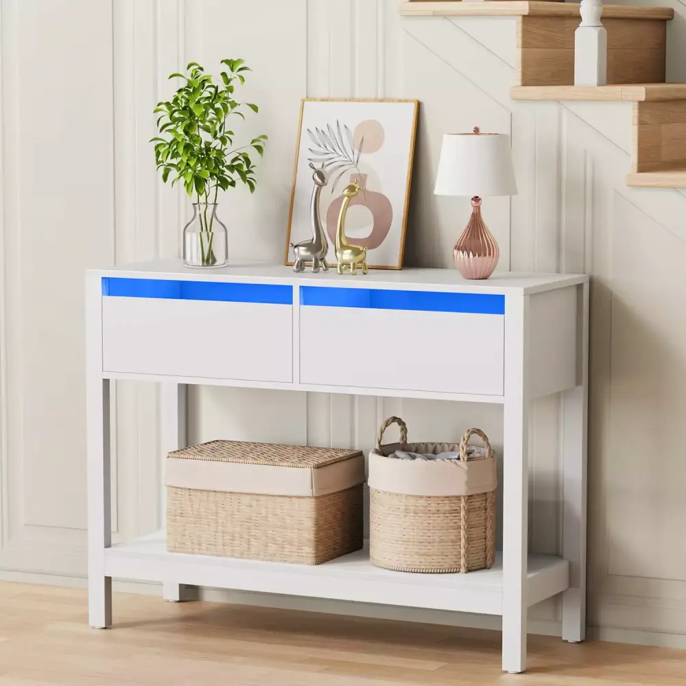 OTUTUMUS 39.3 Console Table with LED Light 2 Drawers Open Shelf Modern Couch Table for Living Room Entryway