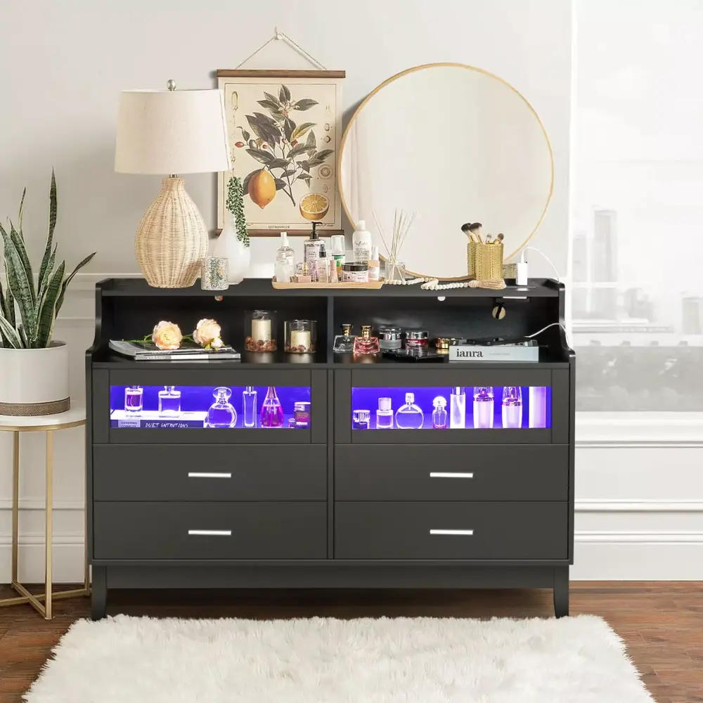 ZGBY 6-Drawer Dresser Double Storage Dresser with LED for Bedroom