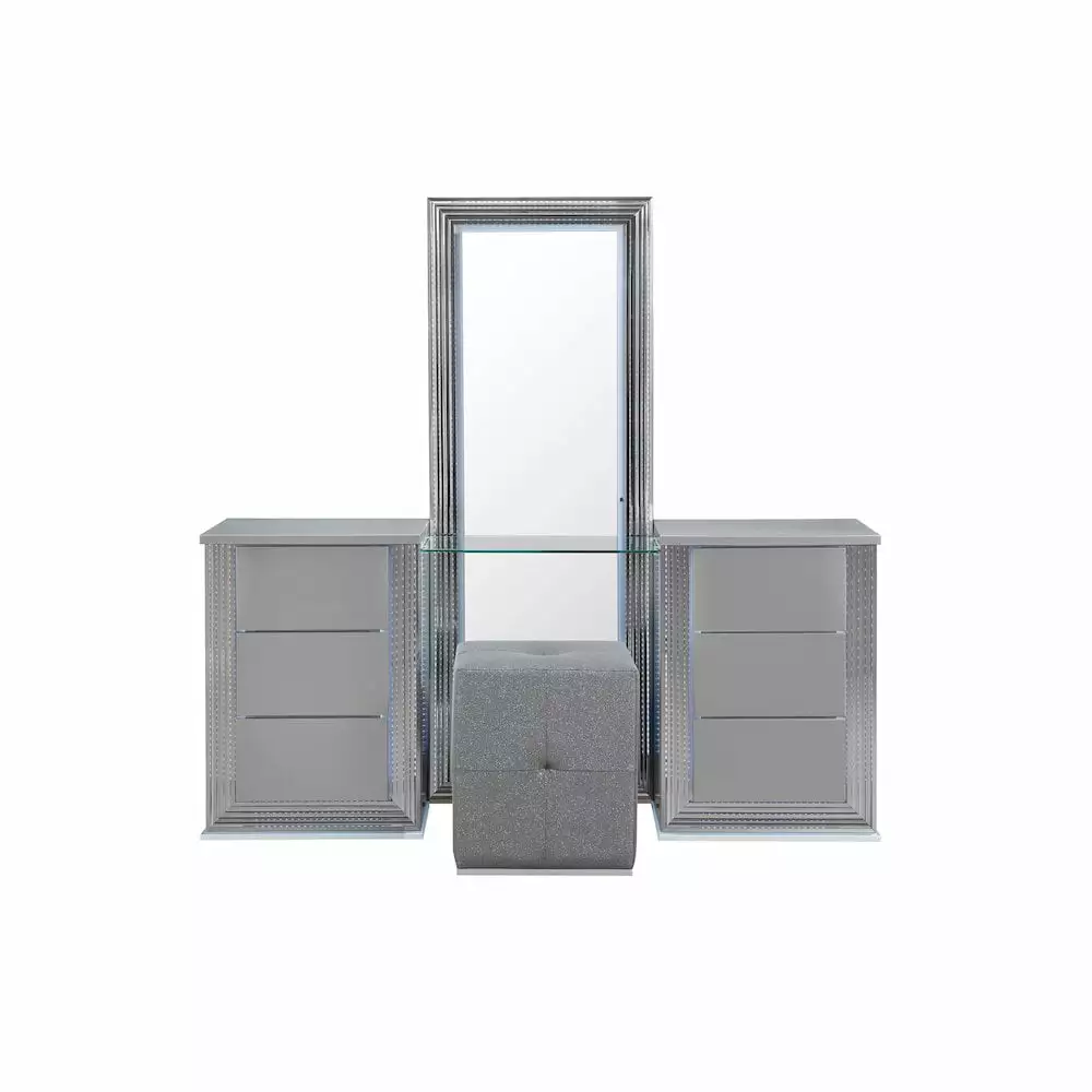Global Furniture Ylime Silver Raf Vanity Dresser with LED - Modern Makeup Table