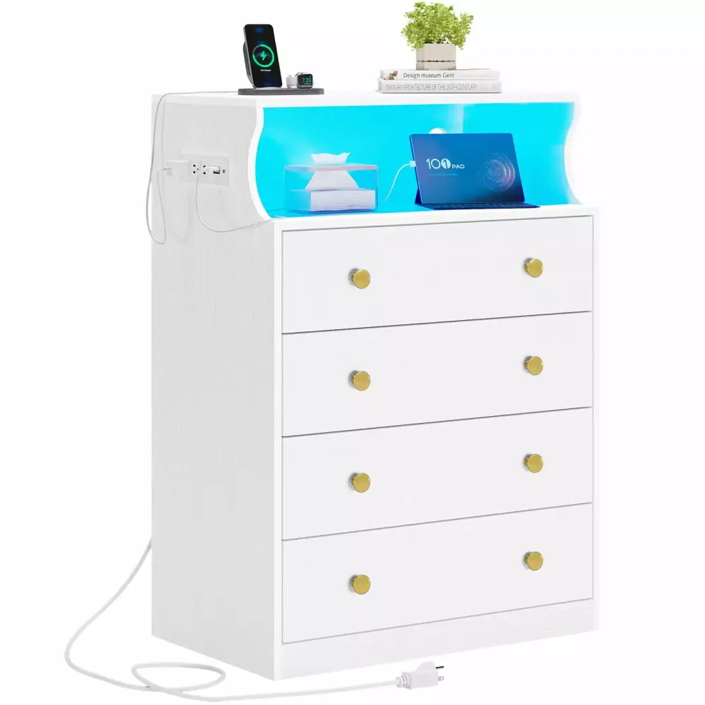 Afuhokles 4 Drawer Dresser with LED Lights and Charging Station Chest of Drawers with Open Shelves White