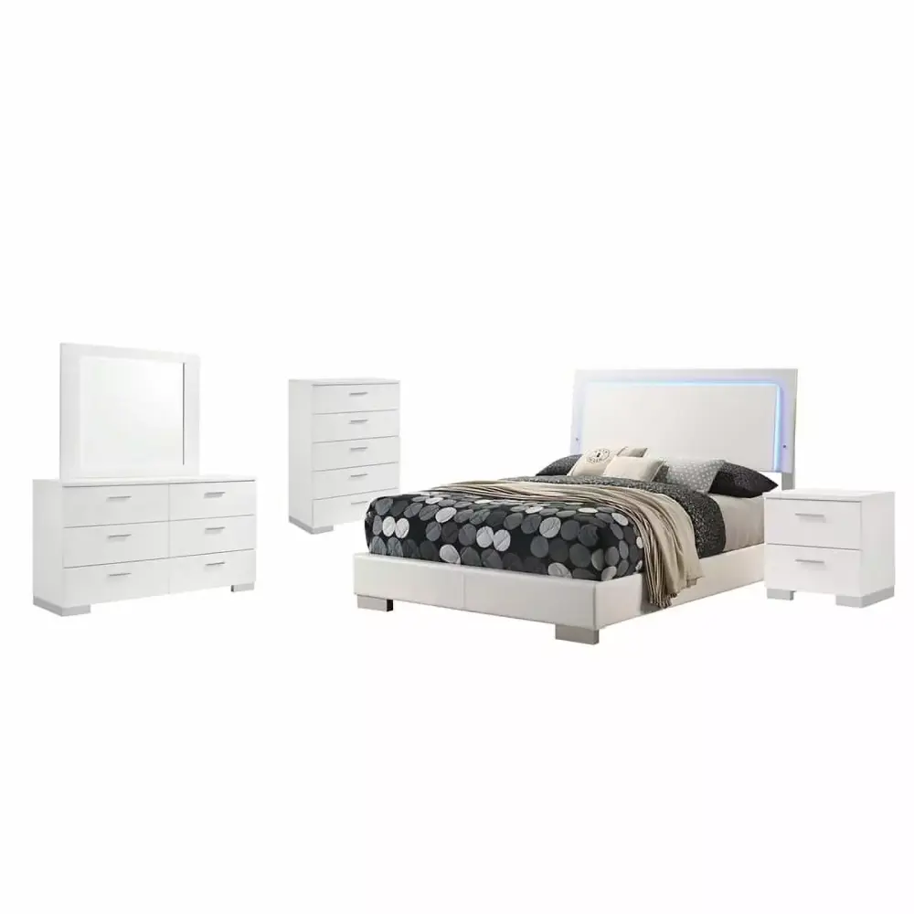 Felicity 5-Piece Full Bedroom Set with LED Headboard in Glossy White