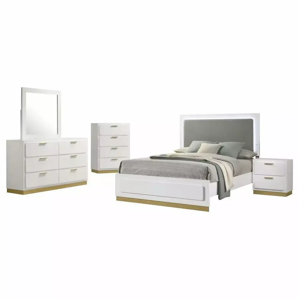 Caraway 5-Piece Eastern King Bedroom Set with LED Headboard in White and Grey - Modern Lighting Furniture