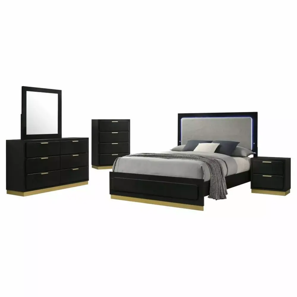 Caraway 5-Piece Eastern King Bedroom Set with LED Headboard in Black and Grey