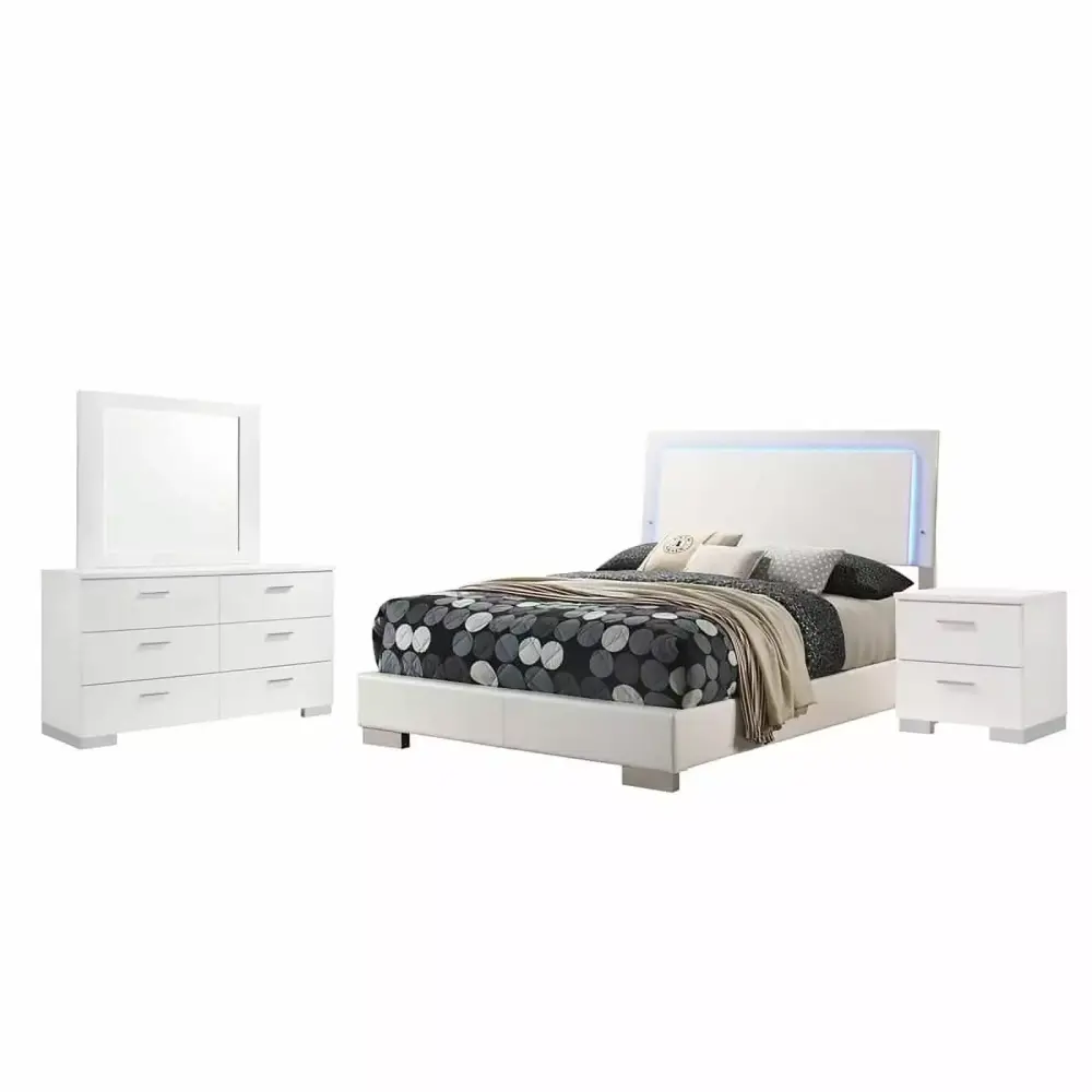 Felicity 4-Piece Full Bedroom Set with LED Headboard Glossy White
