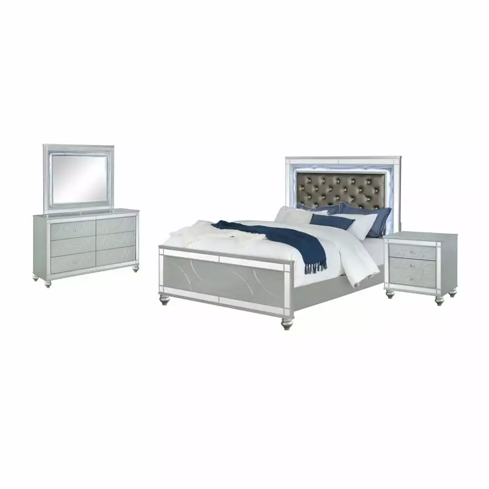 Pemberly Row 4-piece Eastern King Wood Bedroom Set with LED Light Silver