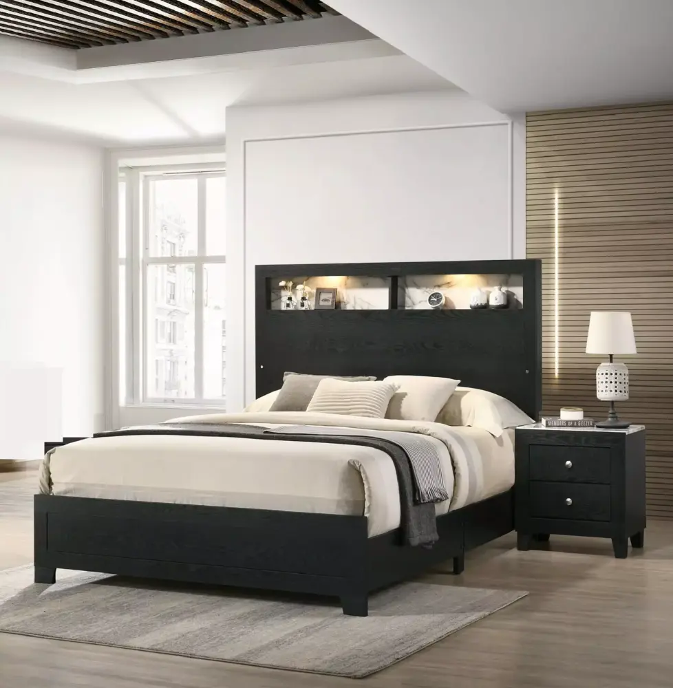 Modern 3pc Queen Size LED Headboard Bed Set with Nightstands in Black