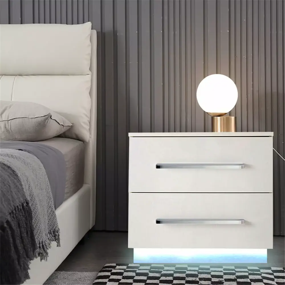LED Nightstand Modern Light Yellow Nightstand with LED Lights High Gloss 2 Drawers for Bedroom
