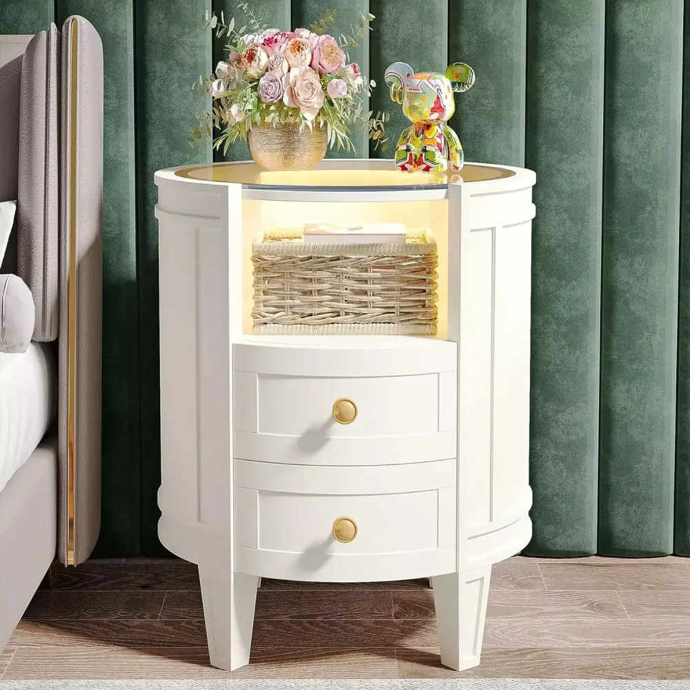 Tribesigns 2-Drawer Nightstand with LED Light and Glass Tabletop in Ivory White for Modern Bedrooms