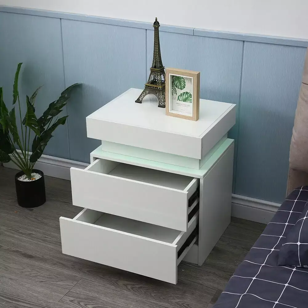 Modern Bedroom Nightstand with 2 Drawer LED Light High Gloss Bedside Table Dresser
