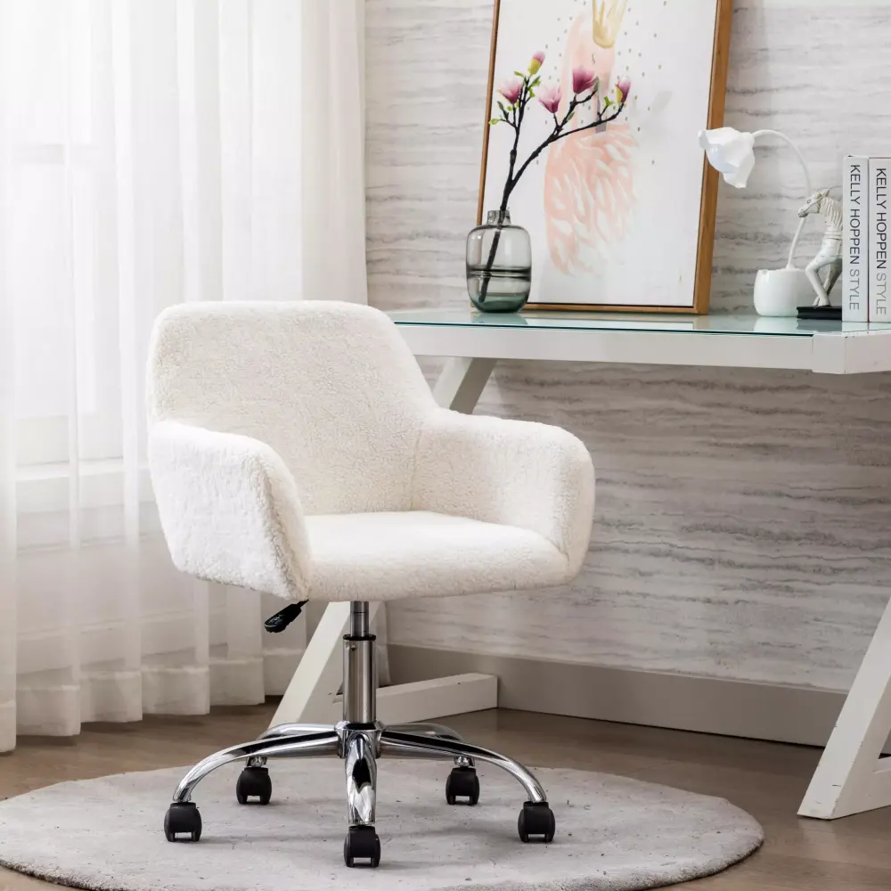 BaytoCare Home Office Chair Leisure Adjustable Furry Chair White Comfortable Upholstered Seat