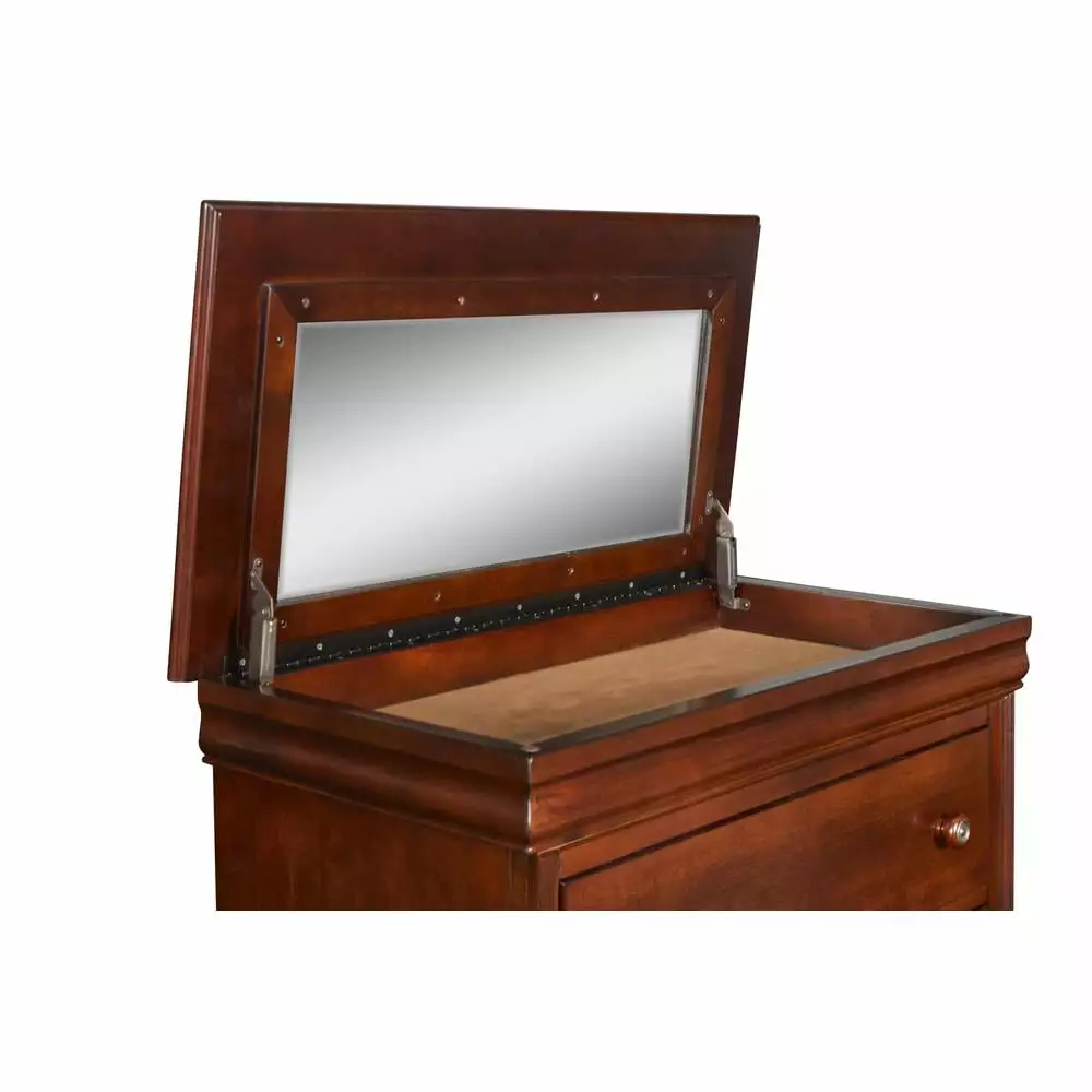 New Timeless Versailles Solid Wood 5-Drawer Lift Top Chest in Bordeaux Cherry