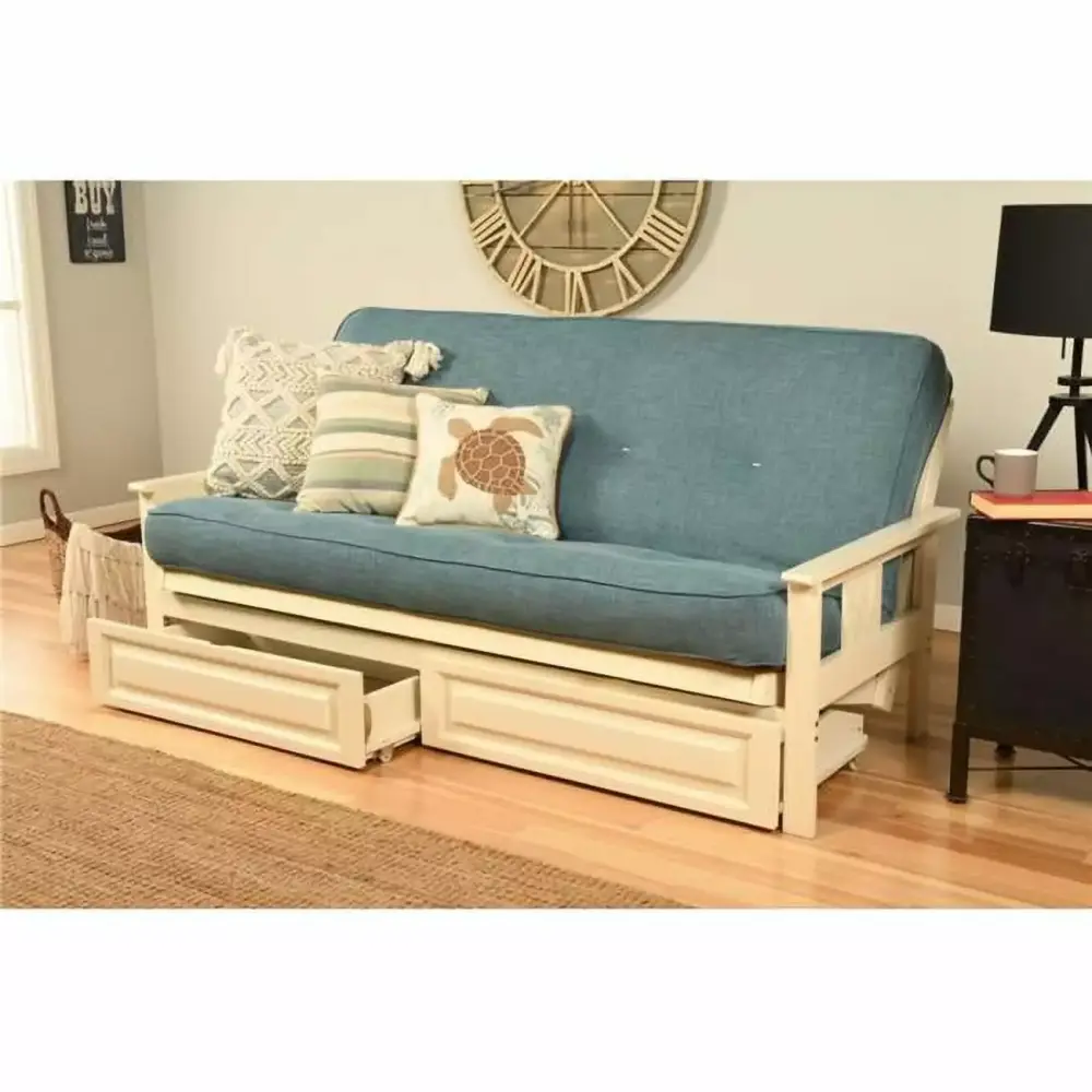 Kodiak Furniture Monterey Full Futon Linen Fabric Mattress White Blue Sofa Bed
