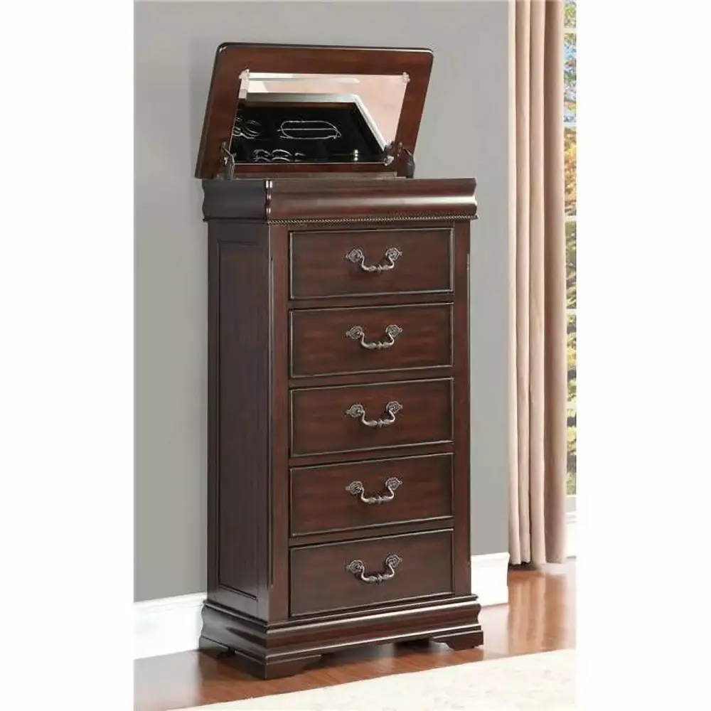 Home Elegance Mont Belvieu Lift-Top Lingerie Chest Dark Cherry 52-Inch Dresser