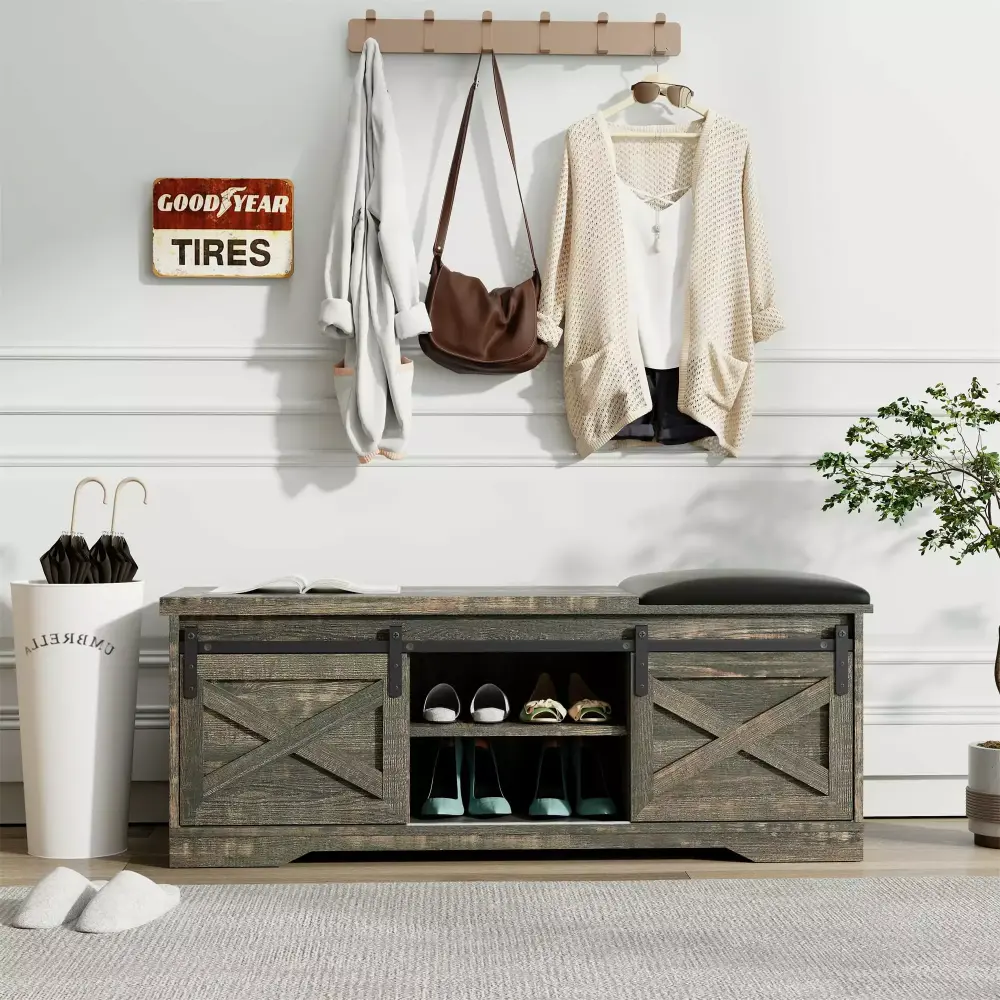 Kadyn 47 Inch Modern Farmhouse Sliding X Barn Door Litterbox Bench with Entry Cutout Old Pine Shoe Bench