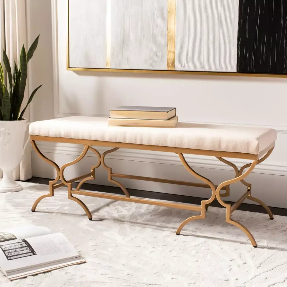 SAFAVIEH Juliet Modern Glam Rectangular Bench Beige Gold Living Room Bench