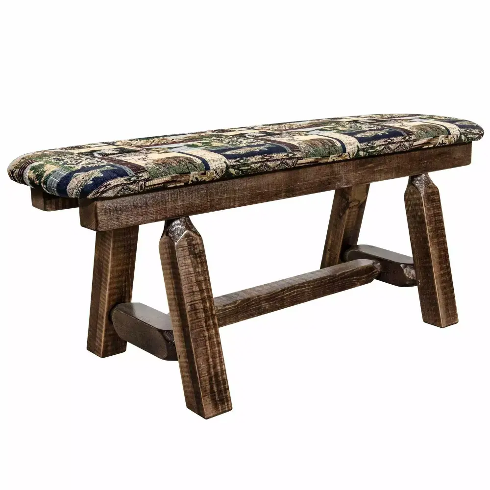 Homestead Collection 45 Inch Plank Style Bench with Woodland Upholstery and Stain Clear Lacquer Finish