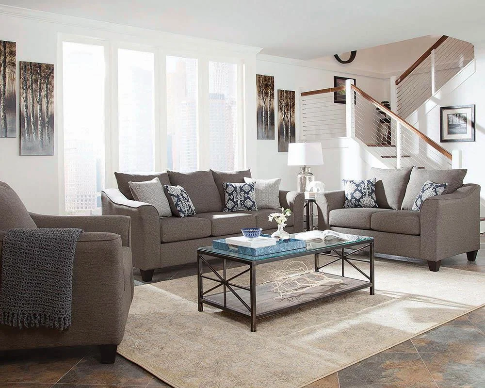 Salizar Complete Grey Upholstered Living Room Set with Flared Arms