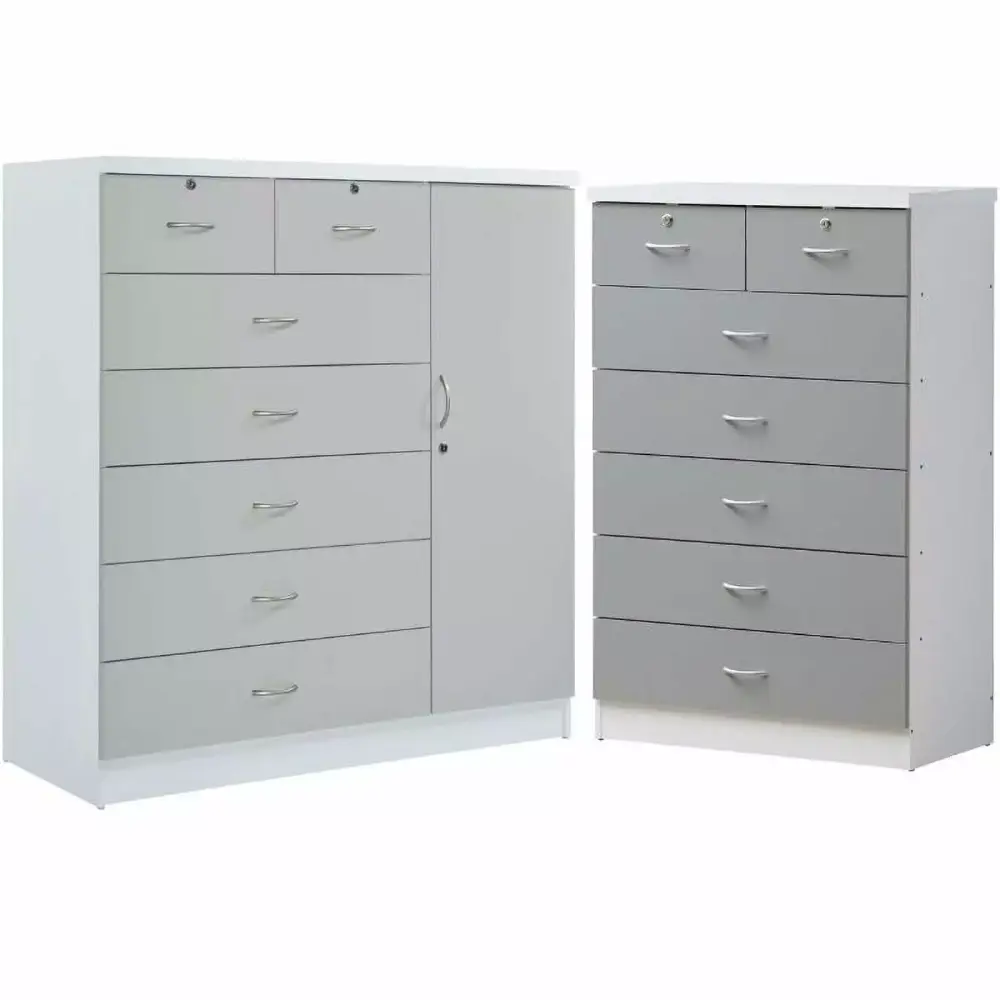Home Square Hodedah 2 Piece 7 Drawer Wood Chest Set with Locks in Gray - Secure Bedroom Storage