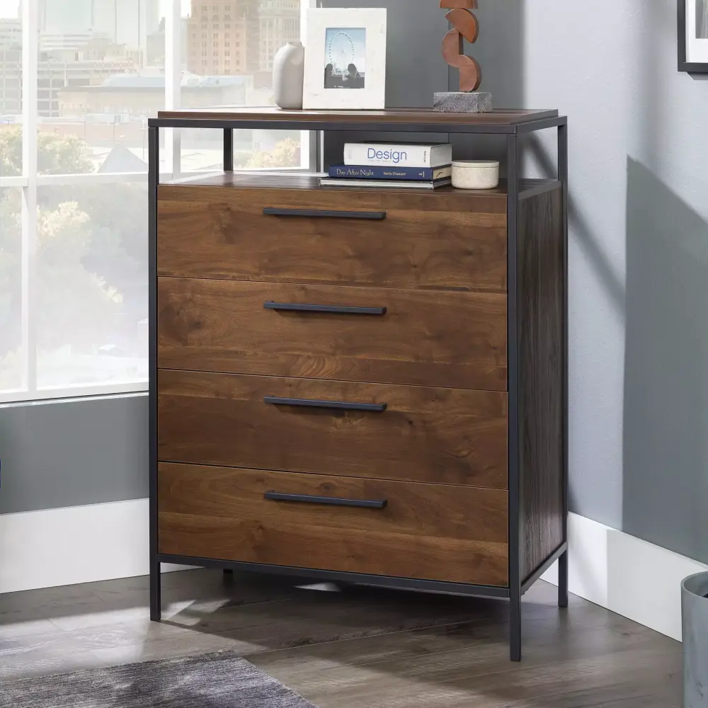 Sauder Nova Loft 4-Drawer Bedroom Dresser with Open Shelf Grand Walnut Finish