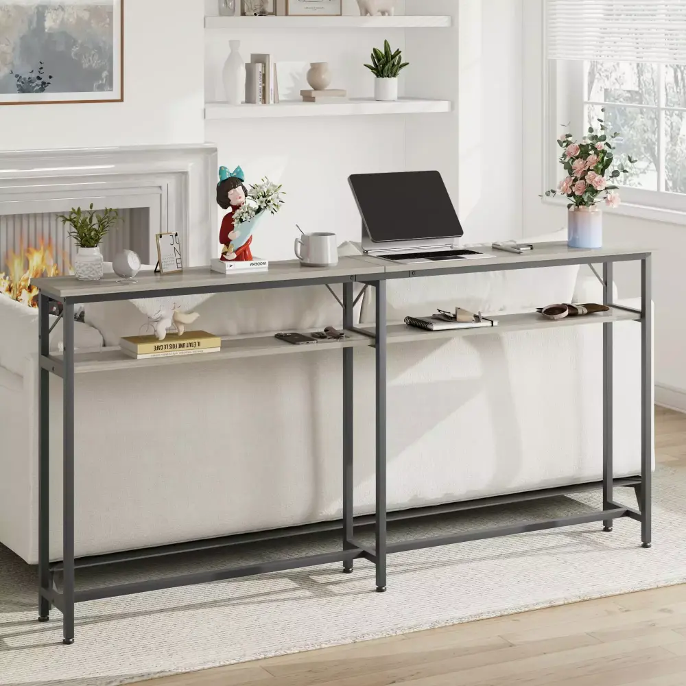 Foldlife 70.8 Inch Narrow Long Sofa Table with 2 Tier Grey Storage