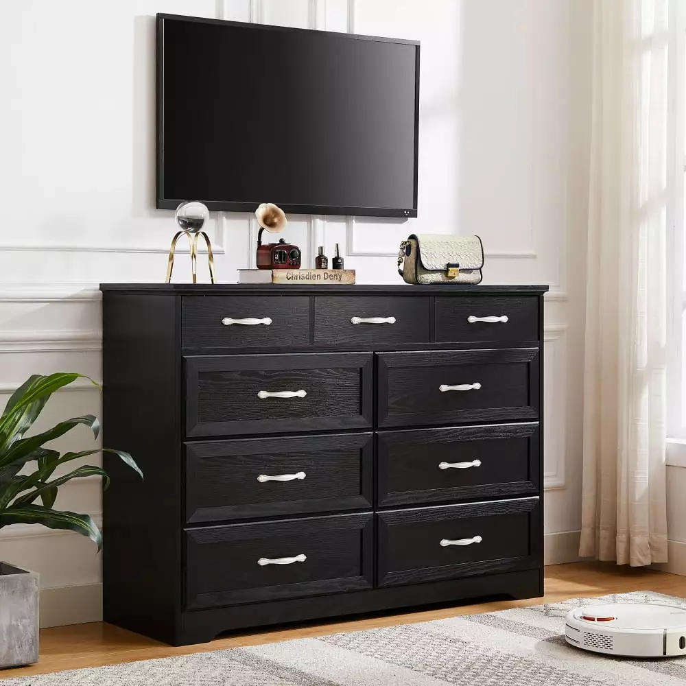 Black 9-Drawer Long Dresser with Antique Handles for Kids Room Living Room