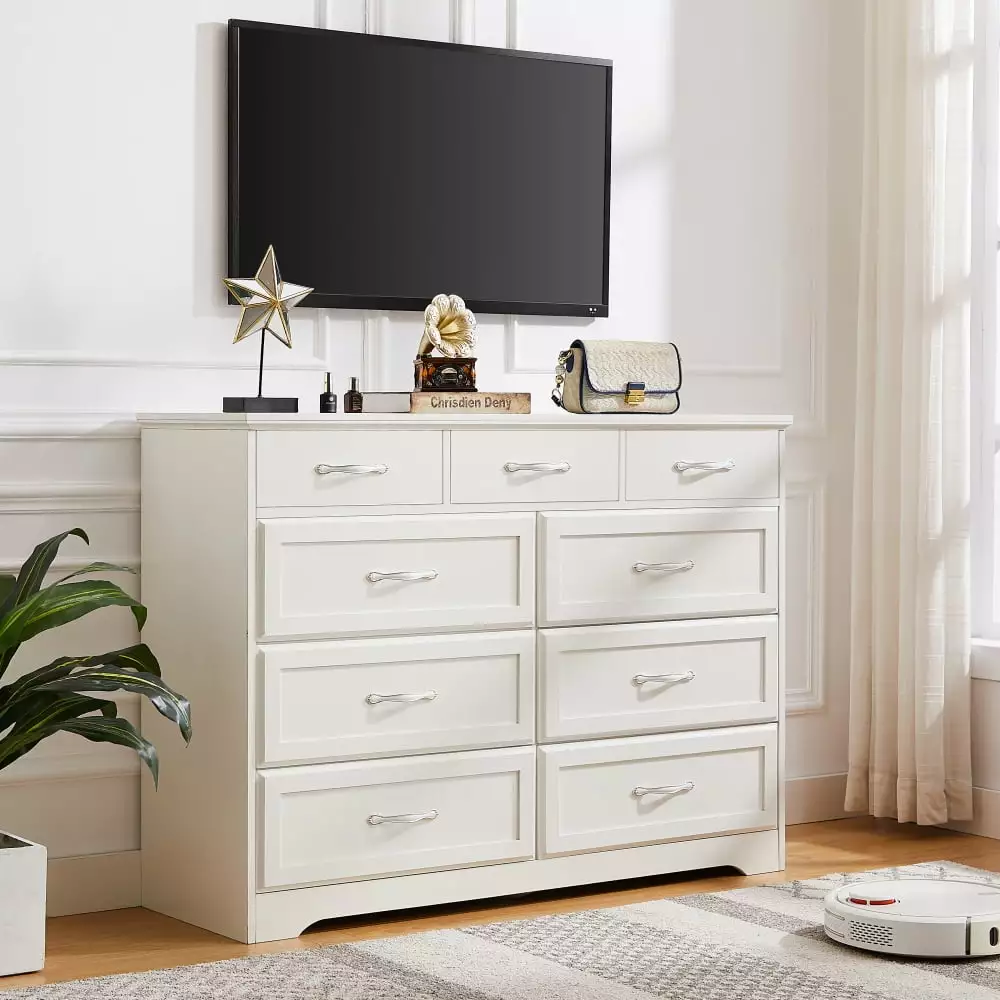 White 9-Drawer Long Dresser with Antique Handles for Kids Room Living Room