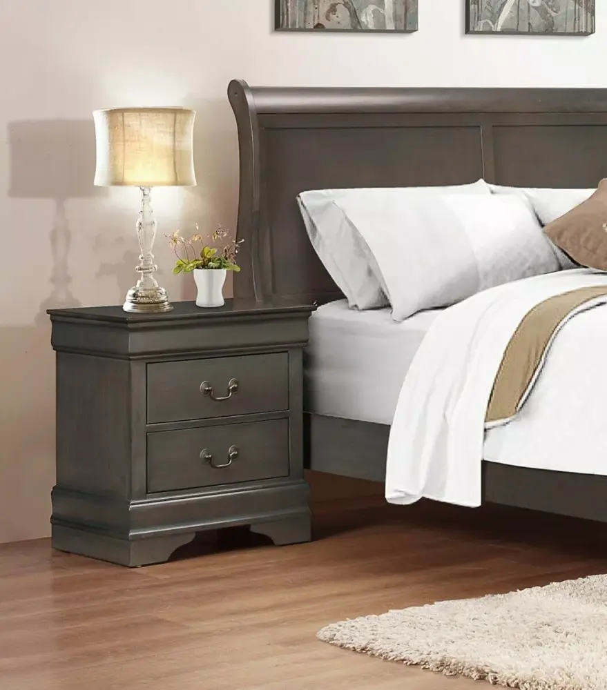 Timeless Louis Philippe Styling 4pc Bedroom Set Stained Gray Finish Full Size Sleigh Bed Nightstand Dresser Mirror