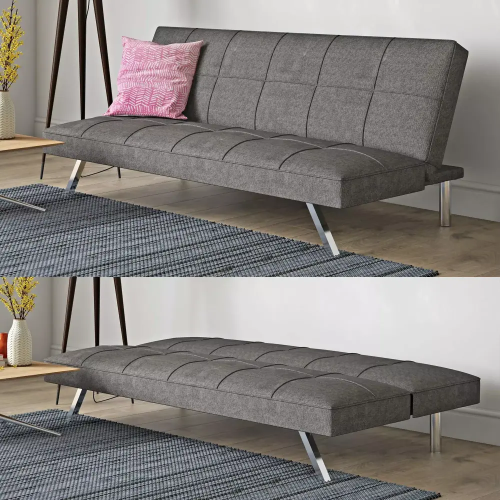Modern Grey Linen Futon Sofa Bed with Metal Frame and Stainless Legs Convertible Lounge Chair