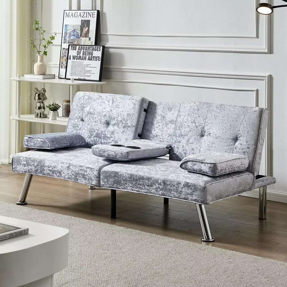 66 Velvet Loveseat Futon Sofa Bed with Removable Armrests and Cup Holders