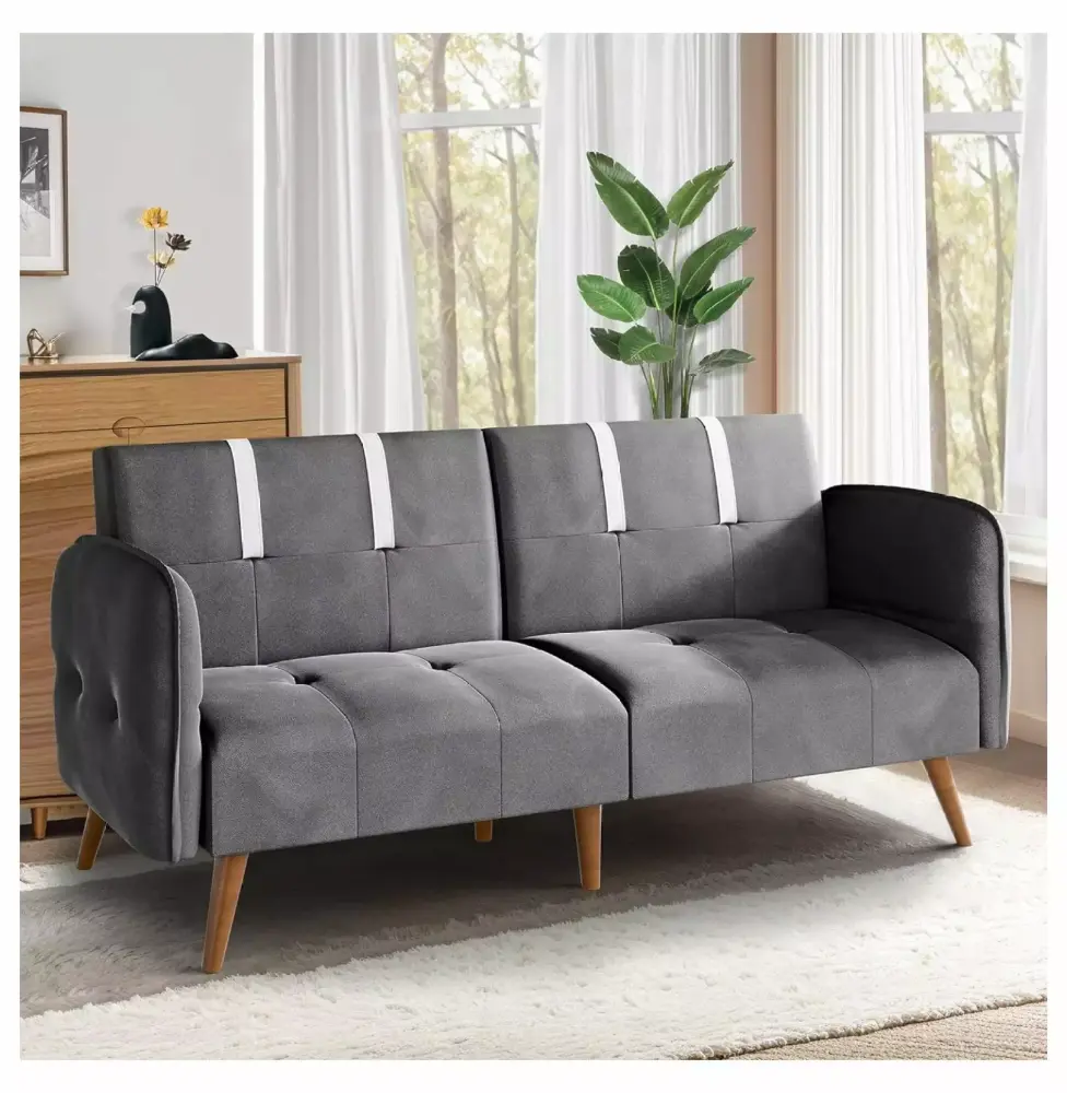 TiaGOC 70 Small Loveseat Futon Sofa Bed Velvet Adjustable Armrests Reliner Guest Bed Daybed for Small Space 3 Angles Grey