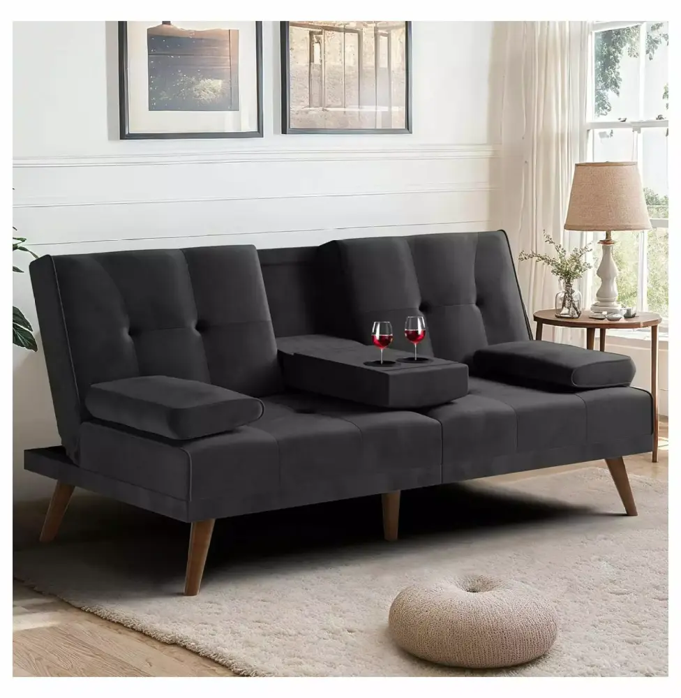 TiaGOC 60 Velvet Futon Sofa Bed with Removable Armrests and Cup Holders Adjustable 3 Angles Black