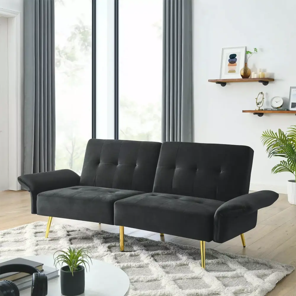 78 Italian Velvet Futon Sofa Bed Convertible Sleeper Loveseat with Storage Bags