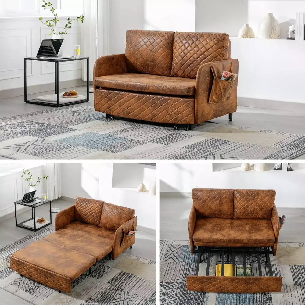 Modern Faux Leather Convertible Sleeper Sofa Bed Loveseat with Pull Out Bed and Side Pockets