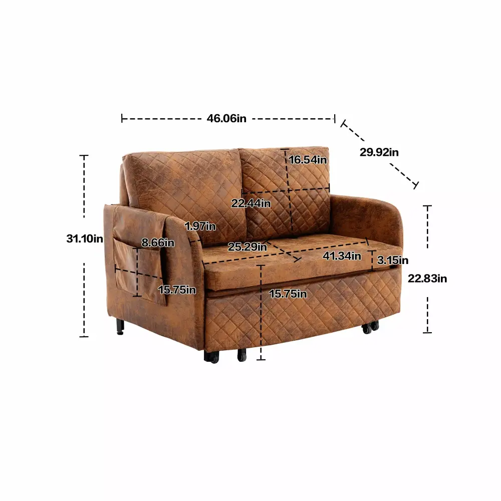 Modern Faux Leather Convertible Sleeper Sofa Bed Loveseat with Pull Out Bed and Side Pockets