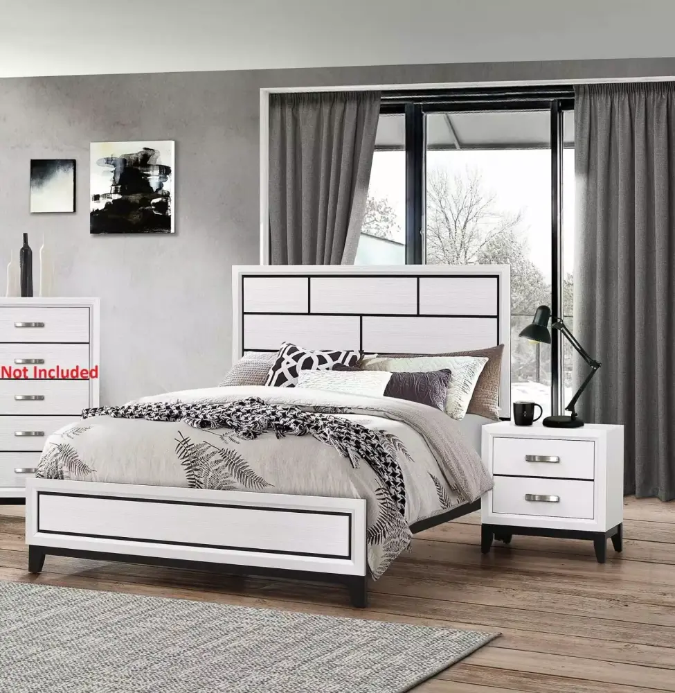 Contemporary White King Size Low Profile 3pc Bed Set with 2 Nightstands Modern Bedroom