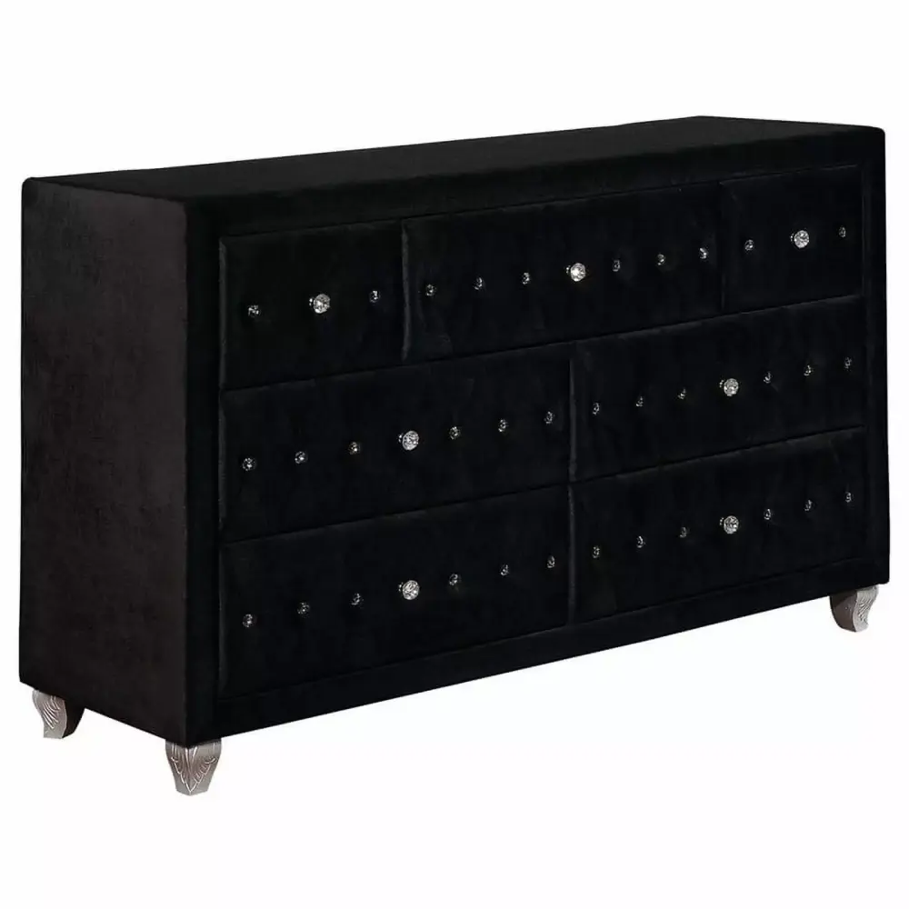 Bowery Hill Traditional 7 Drawer Velvet Dresser in Black Luxe Bedroom Furniture