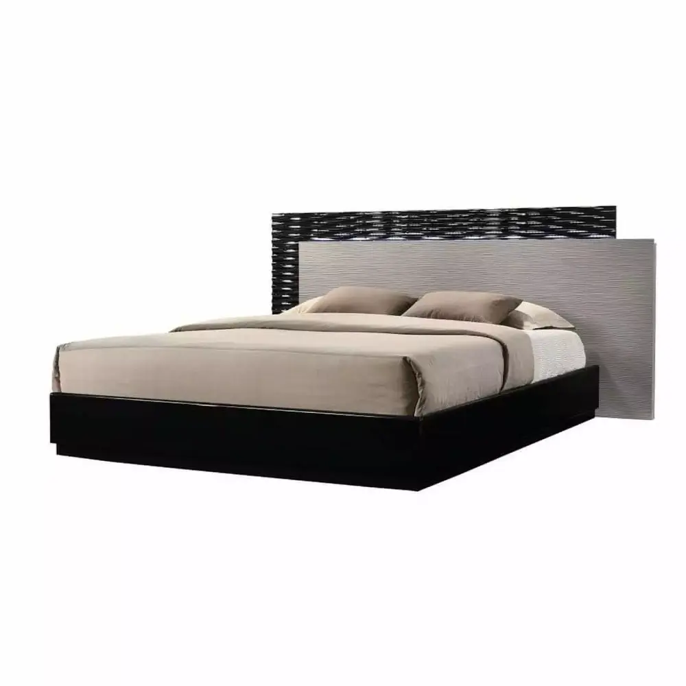 Roma Luxury 3-Piece Queen Bedroom Set in Black and Gray Lacquer Finish with Headboard and Nightstands