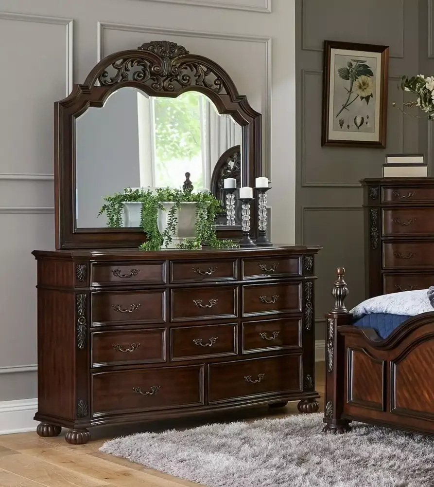 Formal Luxury 6pc Traditional Bedroom Set Queen Bed Nightstand Dresser Mirror Chest Set Elegant Bedroom Furniture