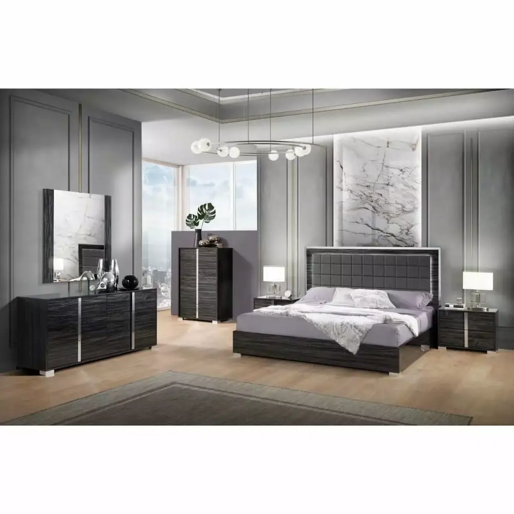 Alice Luxury 5-Piece Bedroom Set in Gloss Gray Queen Size Elegant Design