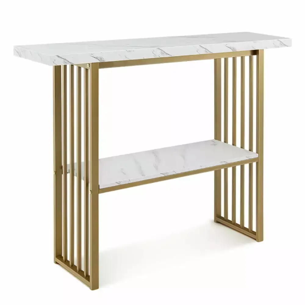 Canddidliike 48 Inch 2-Tier Console Table with Gold Frame White Entryway Table