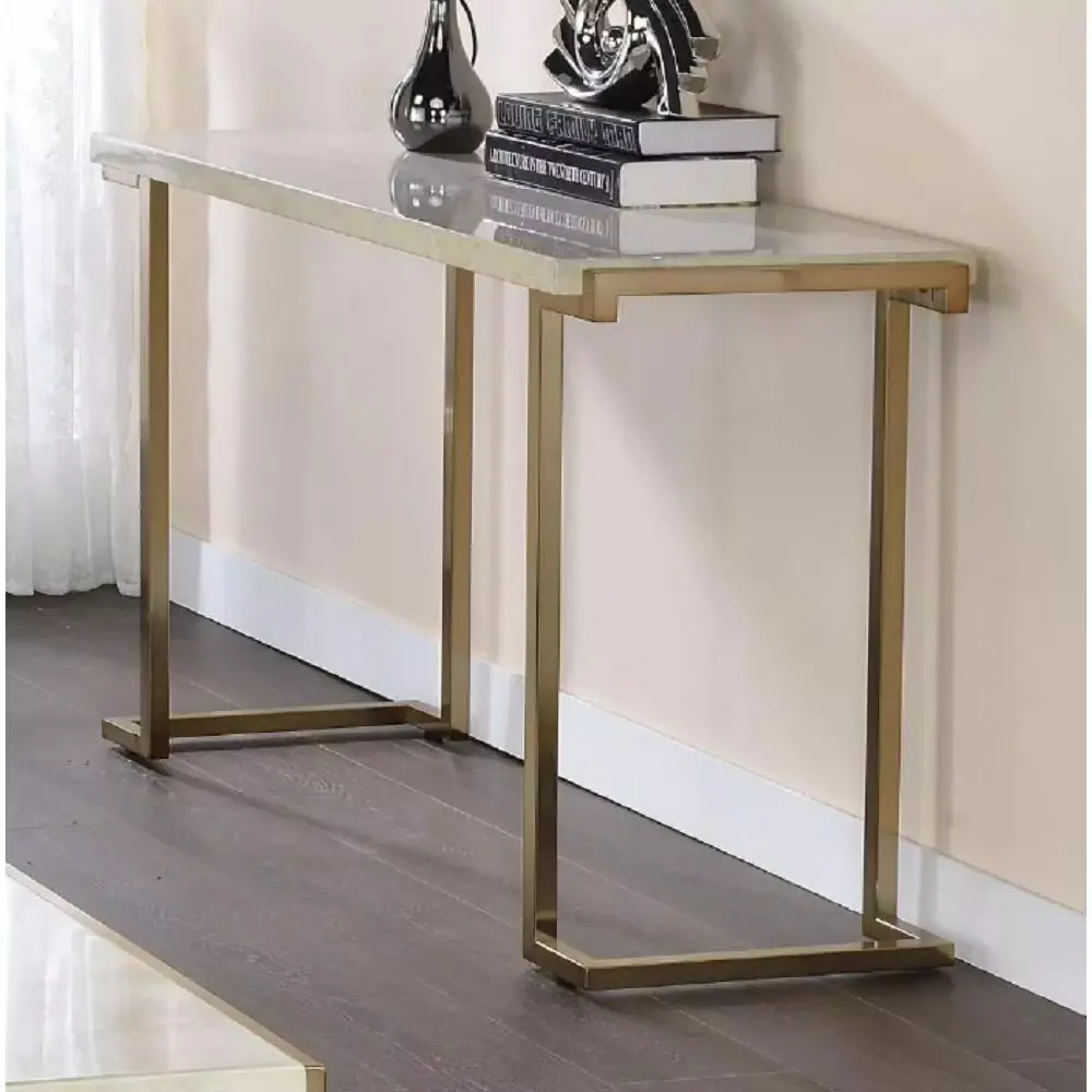 Miekor Furniture Boice II Sofa Table in Faux Marble and Champagne Finish