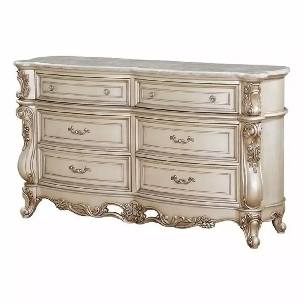 Acme Gorsedd Wooden Frame Dresser in Marble and Golden Ivory Finish