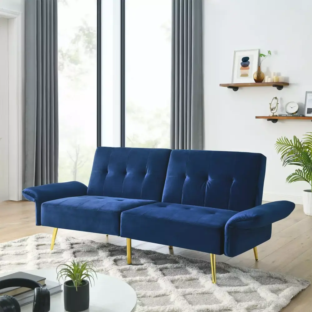 78-inch Chic Navy Italian Velvet Futon Sofa Bed with Storage Bags and Golden Stainless Steel Feet