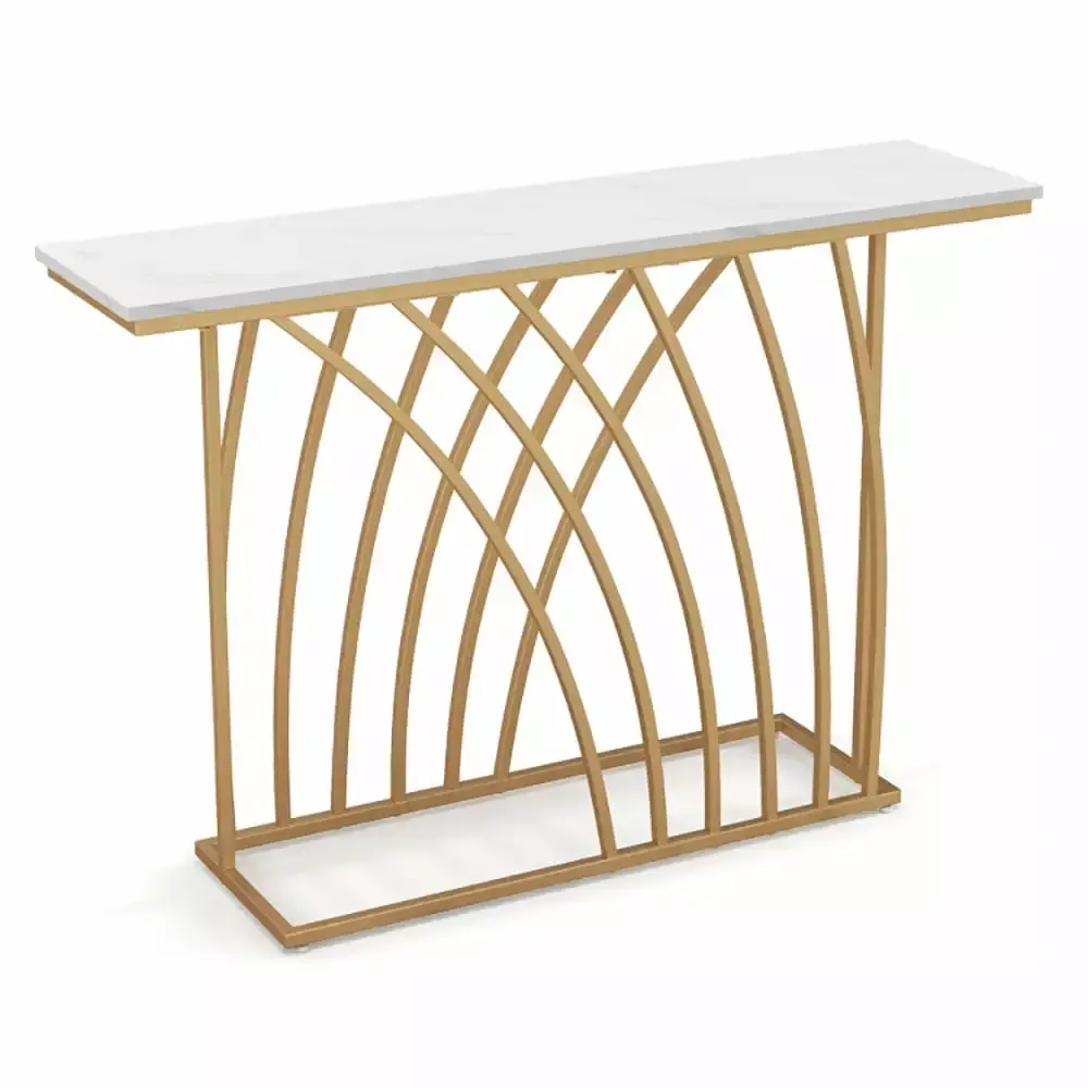 Resenkos 48 Inch Gold Console Table with White Faux Marble Tabletop Narrow Entryway Hall Table