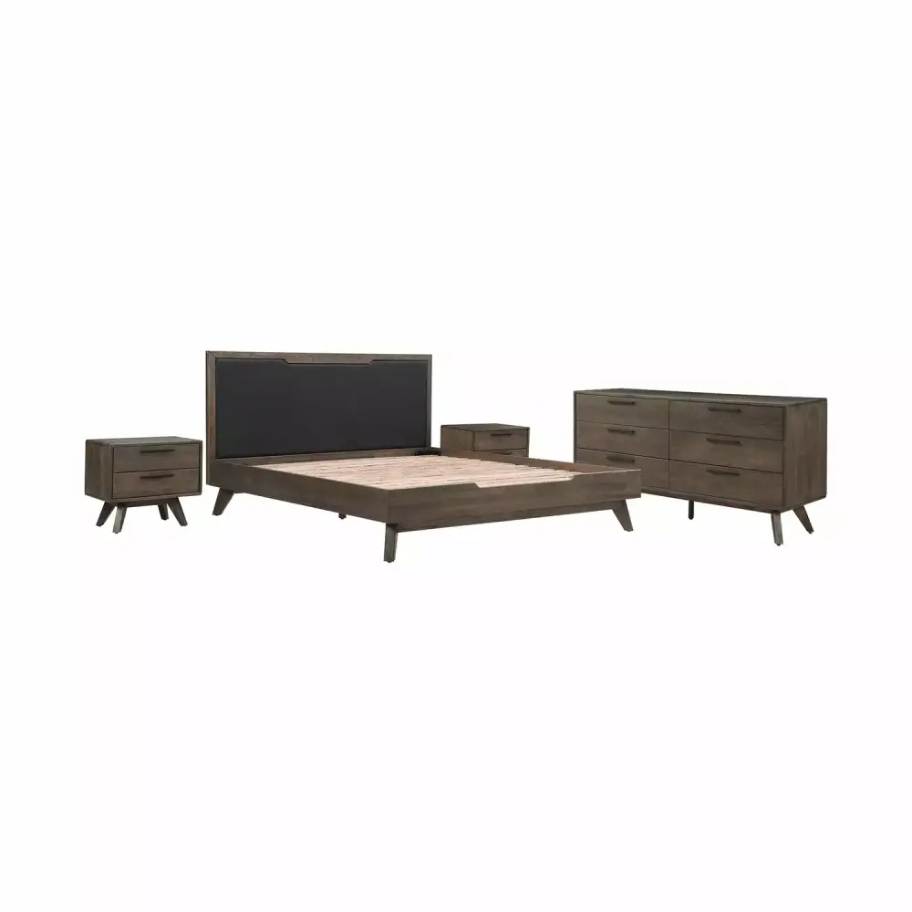 Homestock Lakefront Luxury 4 Piece King Bedroom Set in Oak with Black Faux Leather