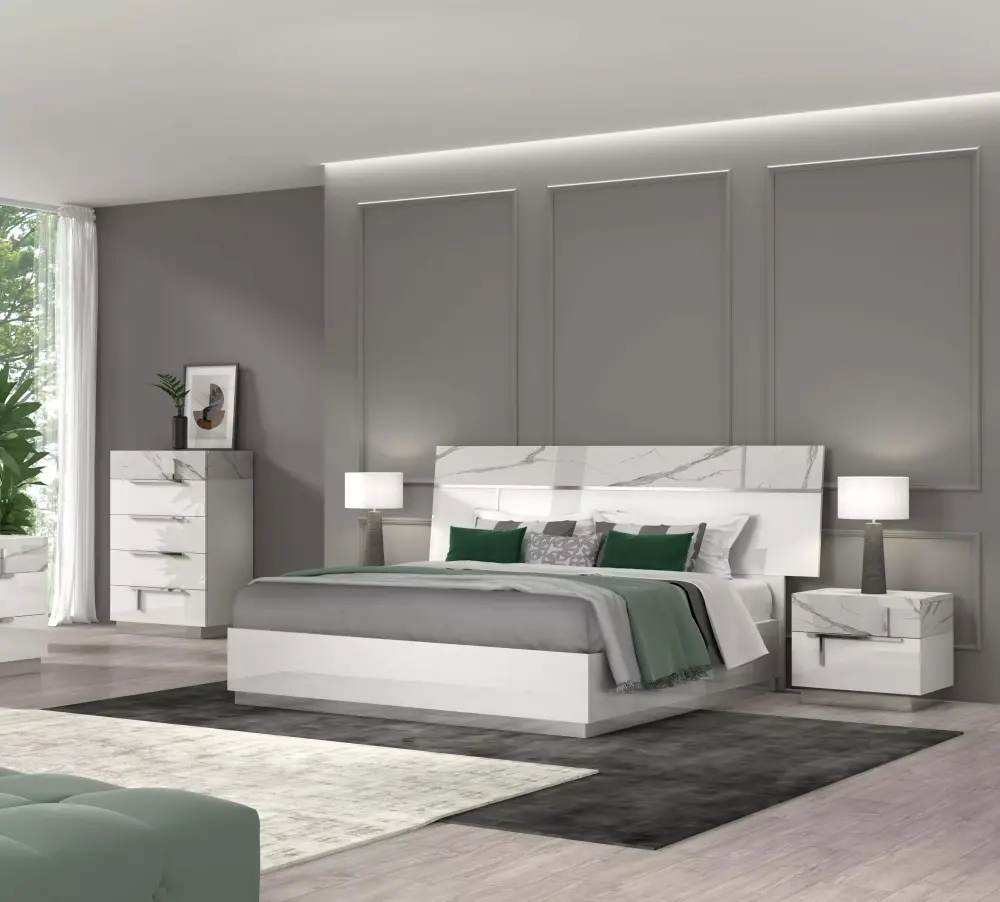Carrara Marble Finish King Size Luxury Bedroom Set 3Pcs Modern J&M Sunset