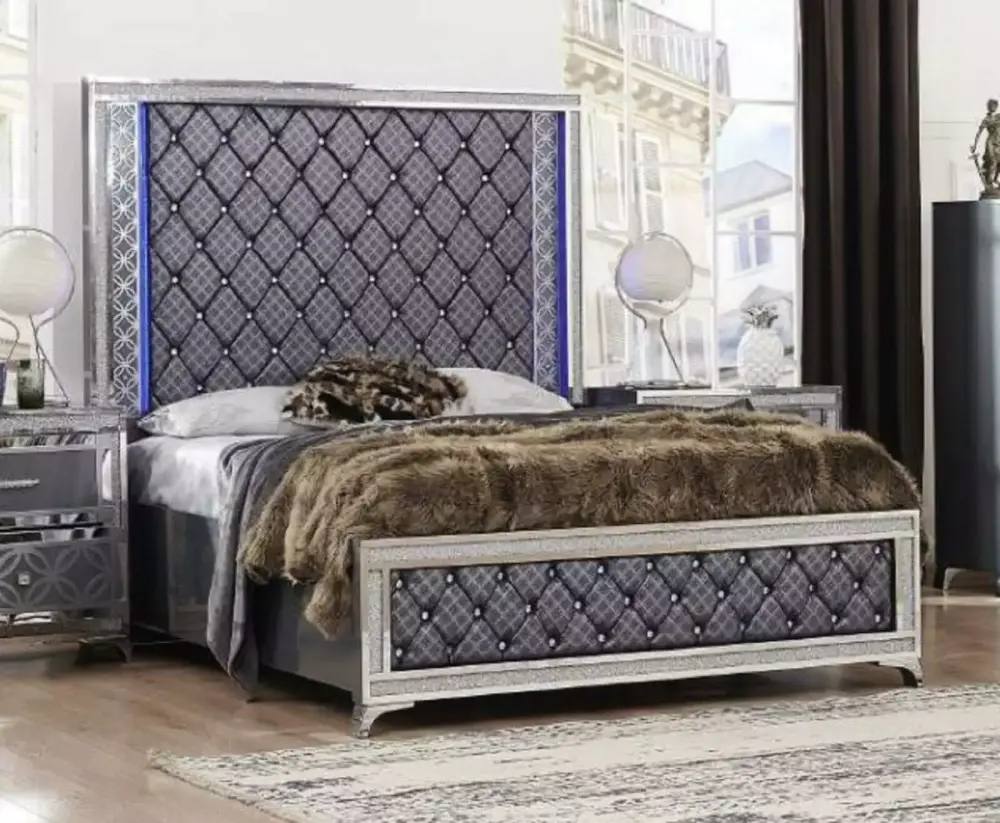5pc Modern King Size LED Bed Dresser Mirror Nightstand Set Dark Gray Finish Luxury Furniture