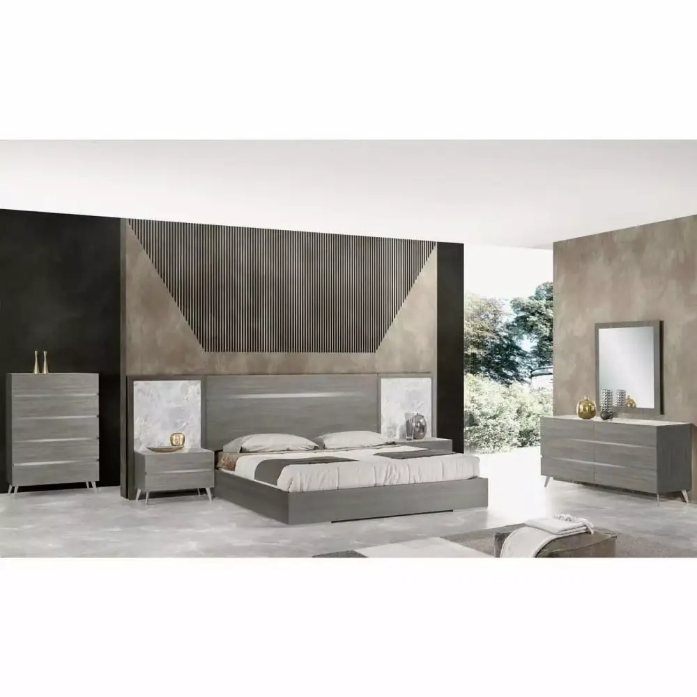 Victoria Luxury 5-Piece Queen Bedroom Set in Light Grey Oak Veneer - Complete Bedroom Furniture