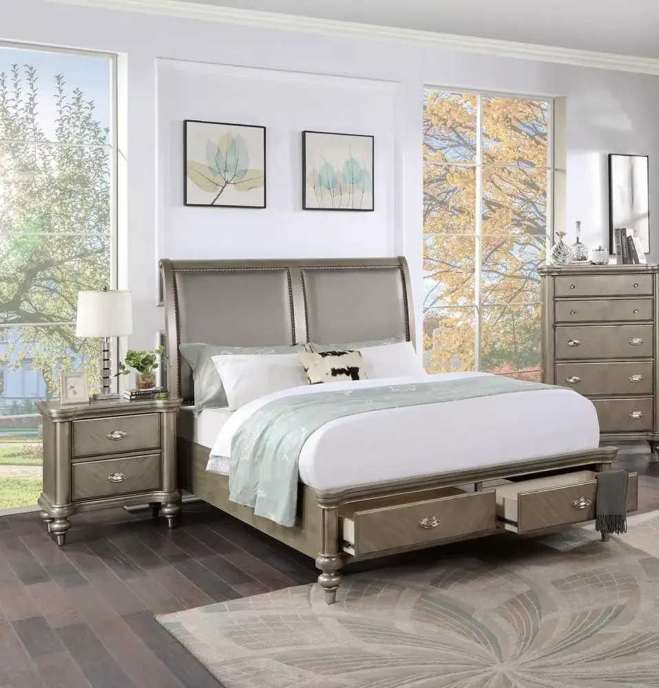 California King Size Bed and 2 Nightstands in Grey Finish - Timeless Luxury Wooden Veneer